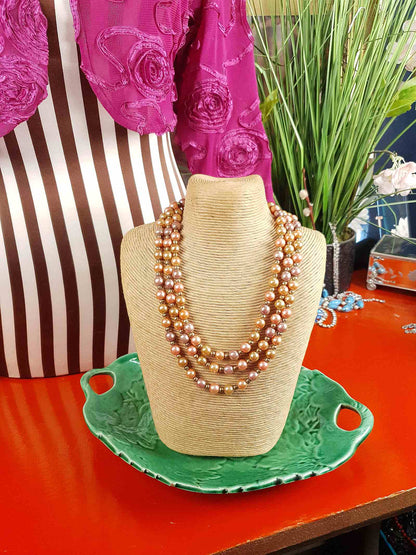 Vintage 1930s Peach Lilac Glass Pearl Necklace Long Pearls