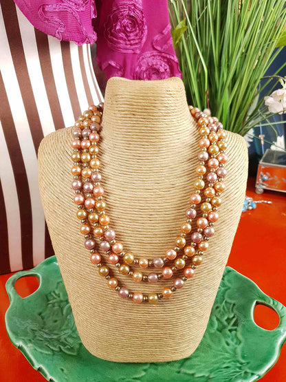 Vintage 1930s Peach Lilac Glass Pearl Necklace Long Pearls