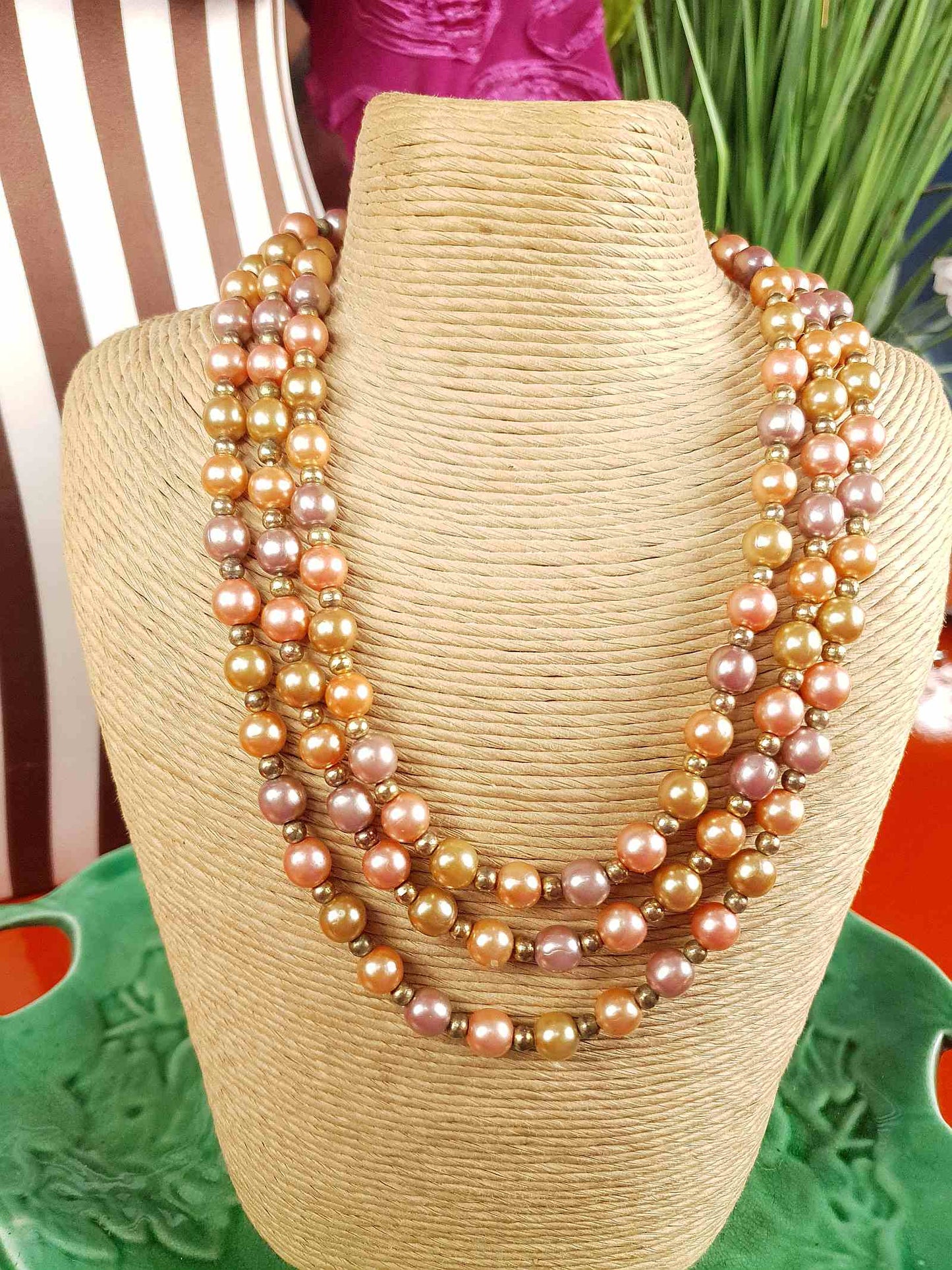 Vintage 1930s Peach Lilac Glass Pearl Necklace Long Pearls