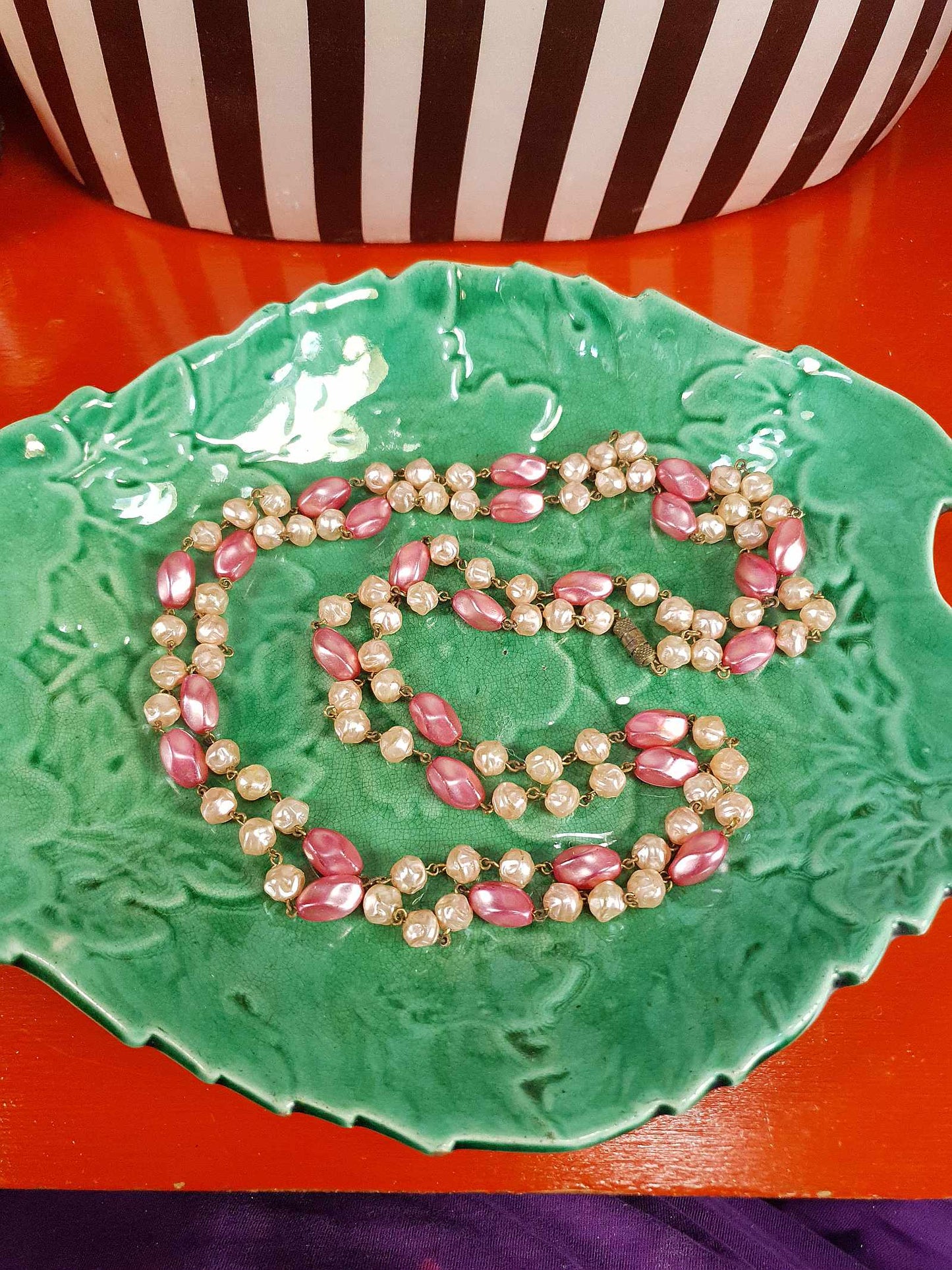 Vintage 1930s Pink Glass Bead Long Necklace Art Deco