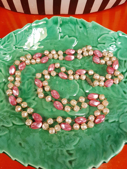 Vintage 1930s Pink Glass Bead Long Necklace Art Deco