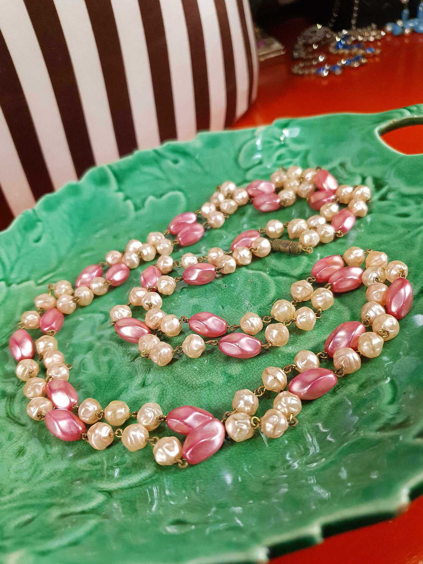 Vintage 1930s Pink Glass Bead Long Necklace Art Deco