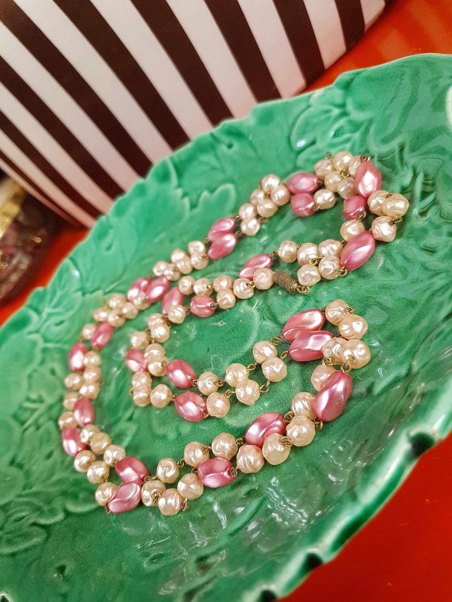 Vintage 1930s Pink Glass Bead Long Necklace Art Deco