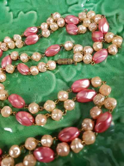 Vintage 1930s Pink Glass Bead Long Necklace Art Deco