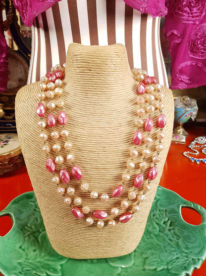 Vintage 1930s Pink Glass Bead Long Necklace Art Deco