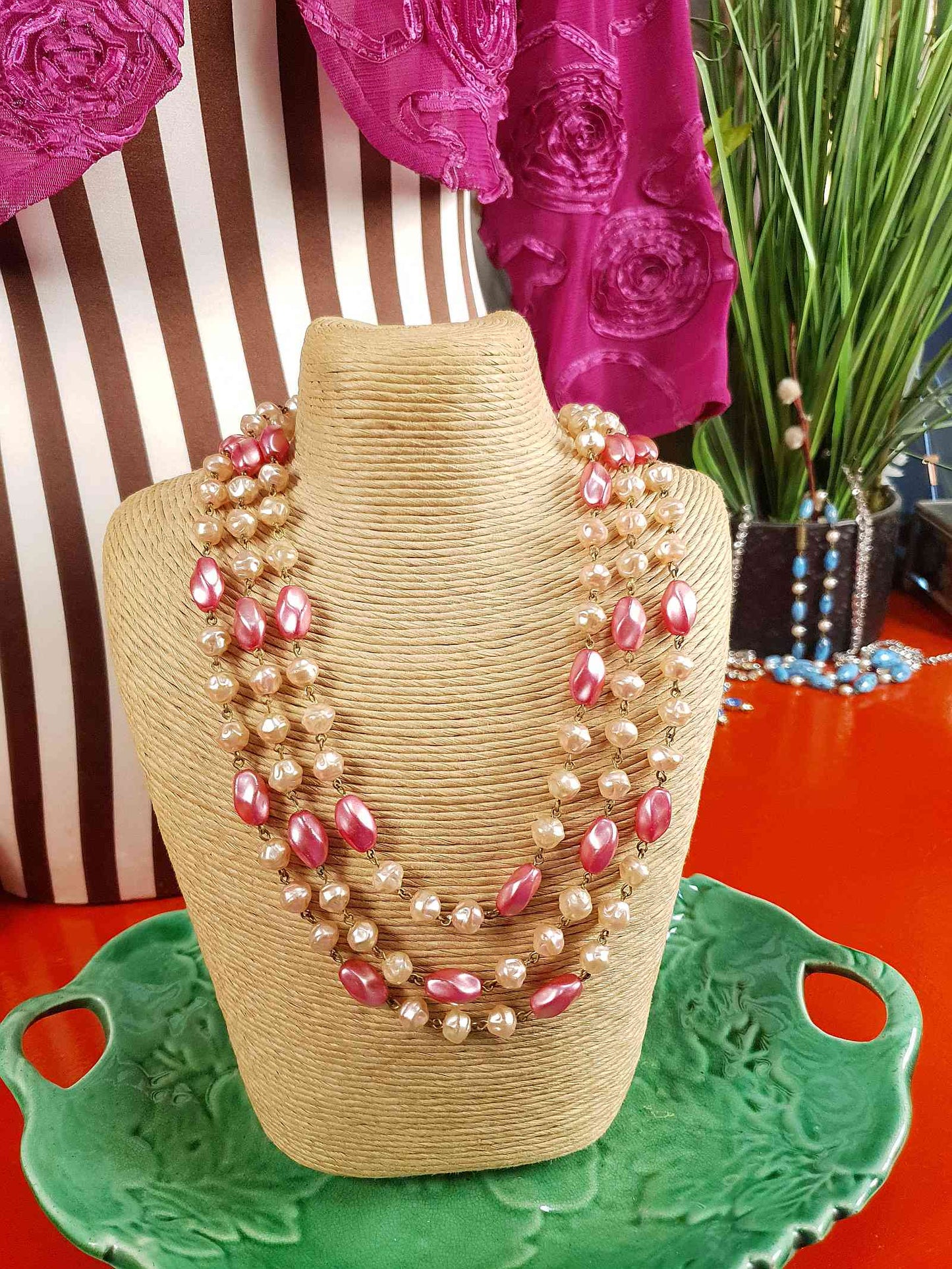 Vintage 1930s Pink Glass Bead Long Necklace Art Deco