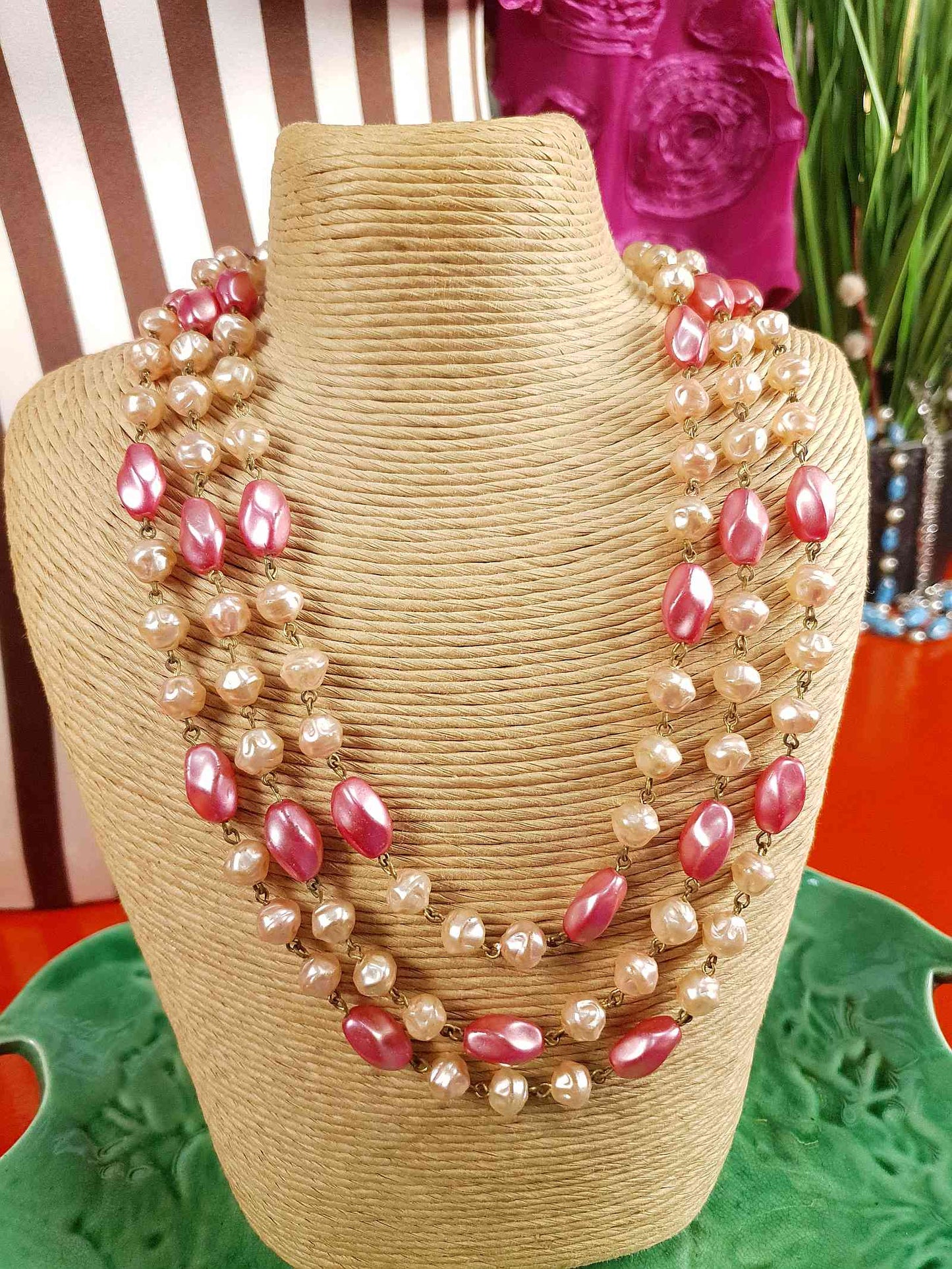 Vintage 1930s Pink Glass Bead Long Necklace Art Deco