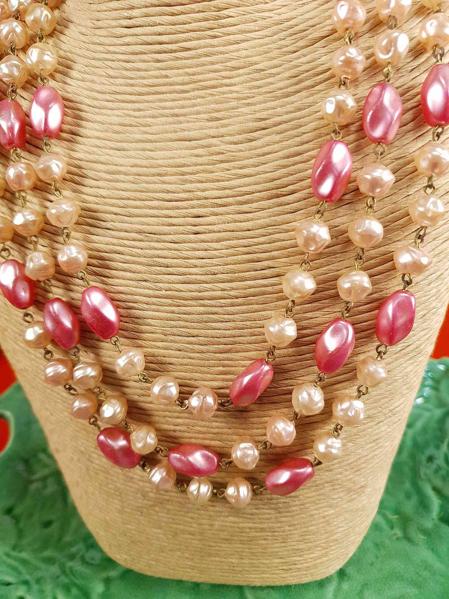 Vintage 1930s Pink Glass Bead Long Necklace Art Deco