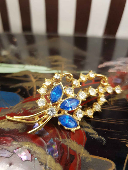 Vintage 1940s Blue Rhinestone Floral Brooch Flower Sprig Gold Tone