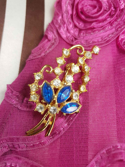 Vintage 1940s Blue Rhinestone Floral Brooch Flower Sprig Gold Tone