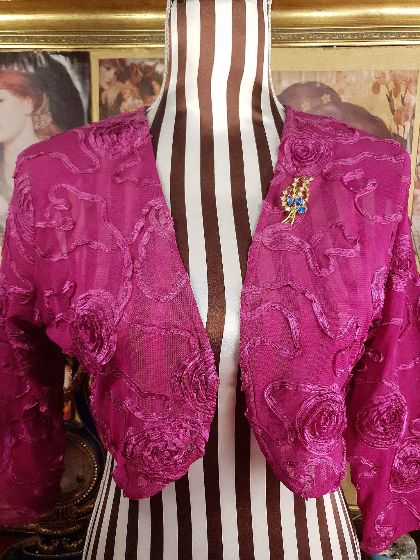 Vintage 1940s Blue Rhinestone Floral Brooch Flower Sprig Gold Tone