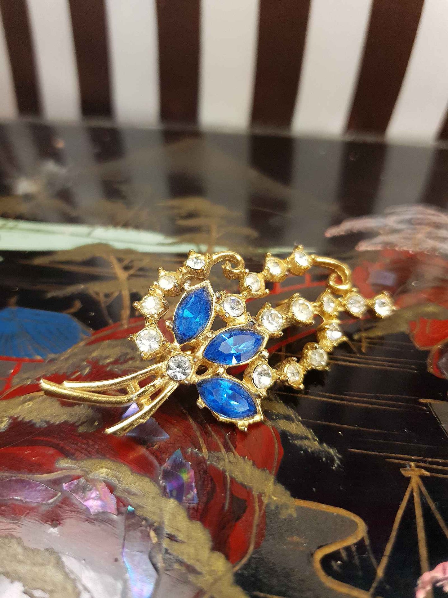 Vintage 1940s Blue Rhinestone Floral Brooch Flower Sprig Gold Tone