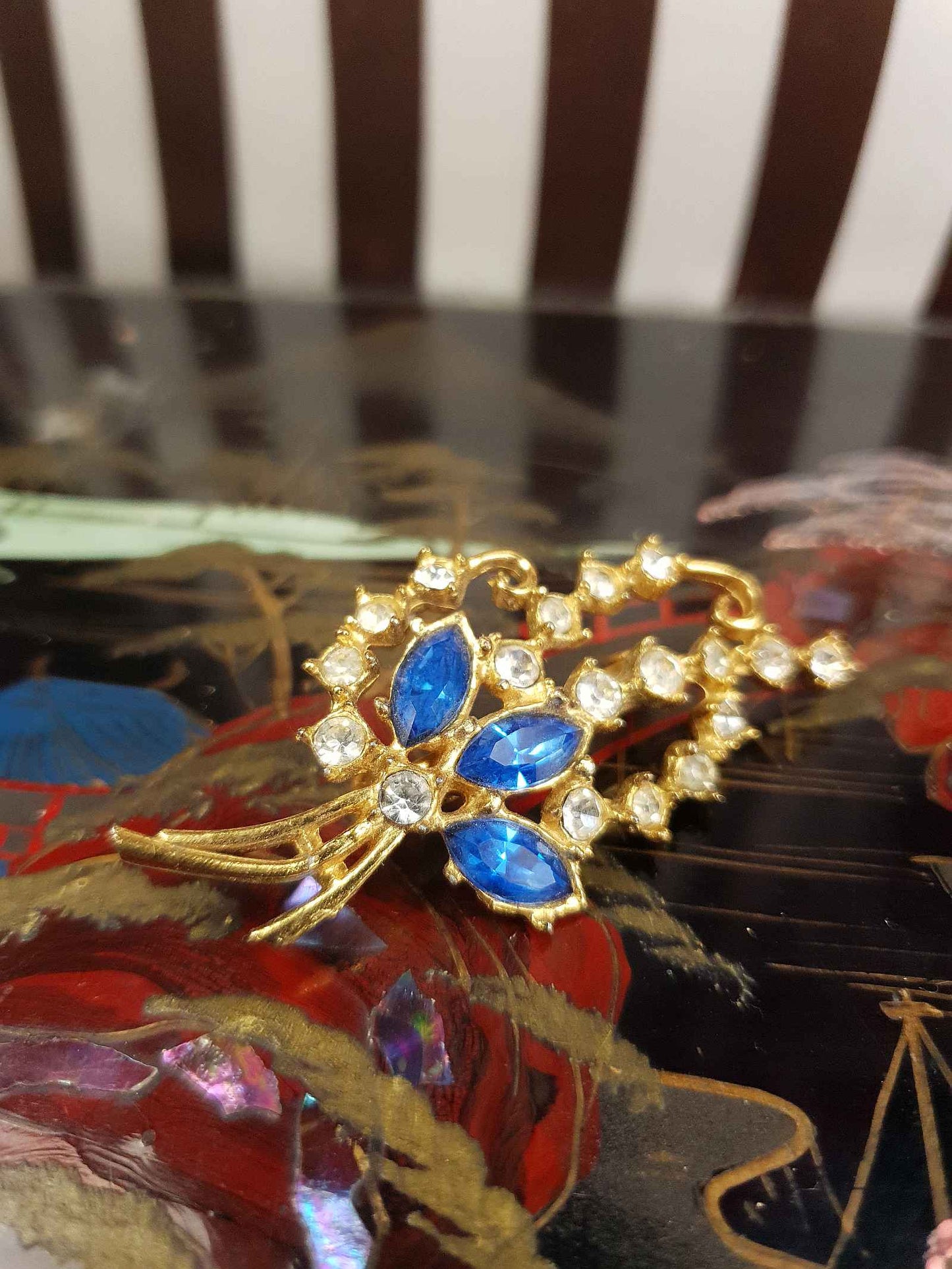 Vintage 1940s Blue Rhinestone Floral Brooch Flower Sprig Gold Tone