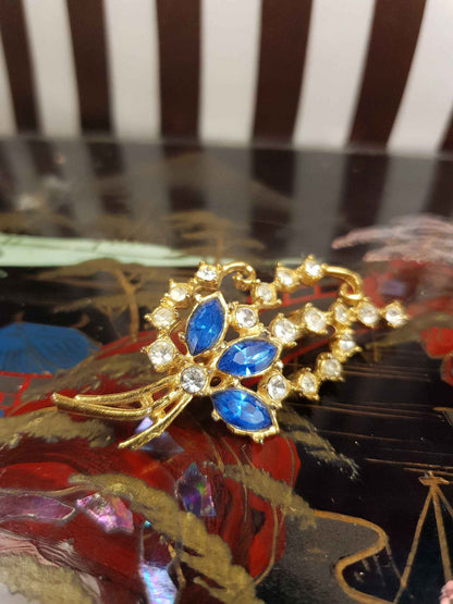 Vintage 1940s Blue Rhinestone Floral Brooch Flower Sprig Gold Tone