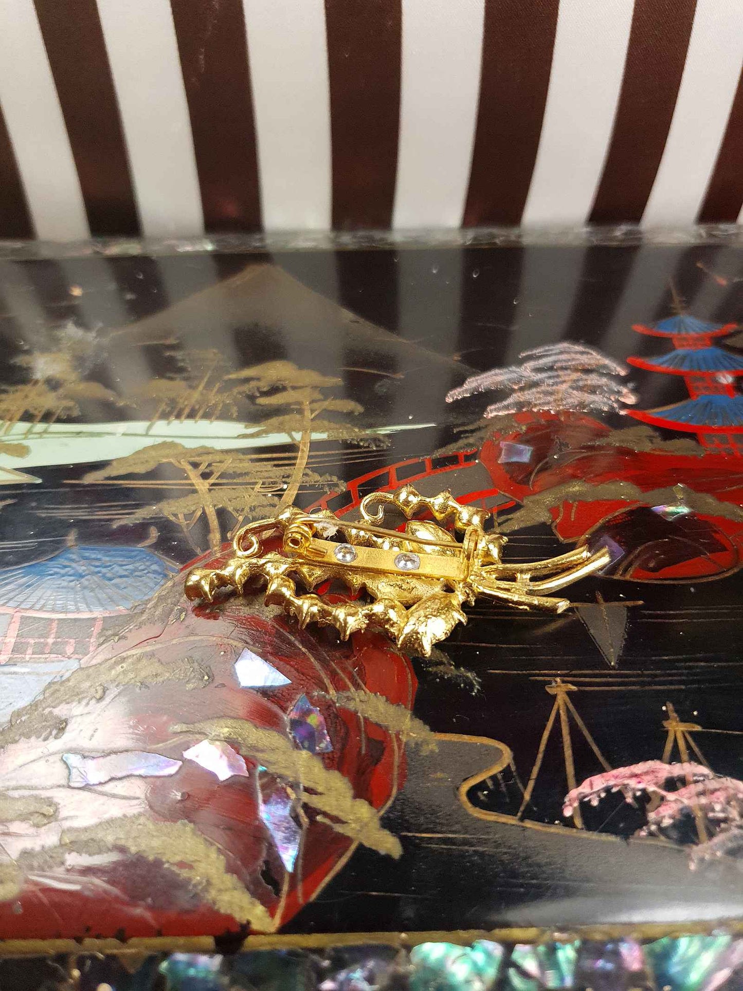 Vintage 1940s Blue Rhinestone Floral Brooch Flower Sprig Gold Tone