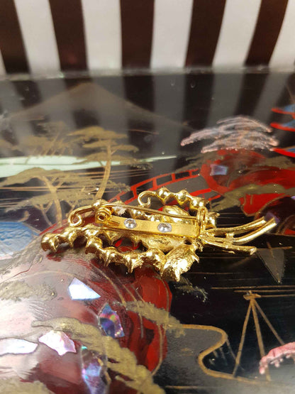 Vintage 1940s Blue Rhinestone Floral Brooch Flower Sprig Gold Tone