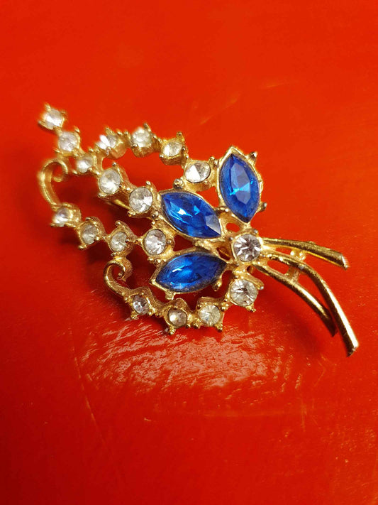 Vintage 1940s Blue Rhinestone Floral Brooch Flower Sprig Gold Tone