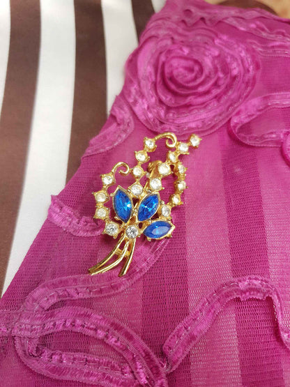 Vintage 1940s Blue Rhinestone Floral Brooch Flower Sprig Gold Tone