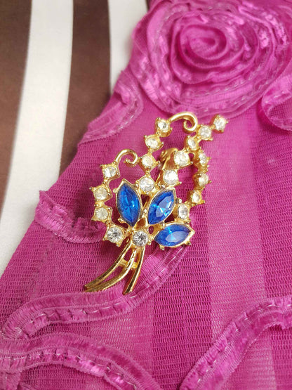 Vintage 1940s Blue Rhinestone Floral Brooch Flower Sprig Gold Tone