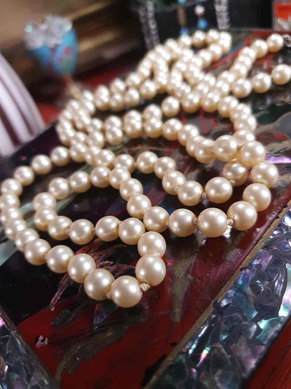 Vintage 1940s Resin Cream Pearl Necklace 45" - Single Strand Hand Knotted Pearls