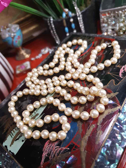 Vintage 1940s Resin Cream Pearl Necklace 45" - Single Strand Hand Knotted Pearls