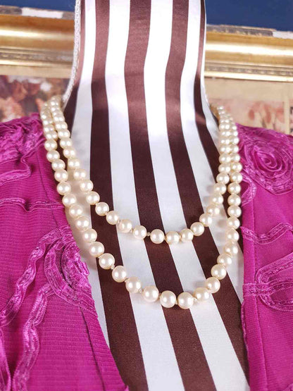 Vintage 1940s Resin Cream Pearl Necklace 45" - Single Strand Hand Knotted Pearls