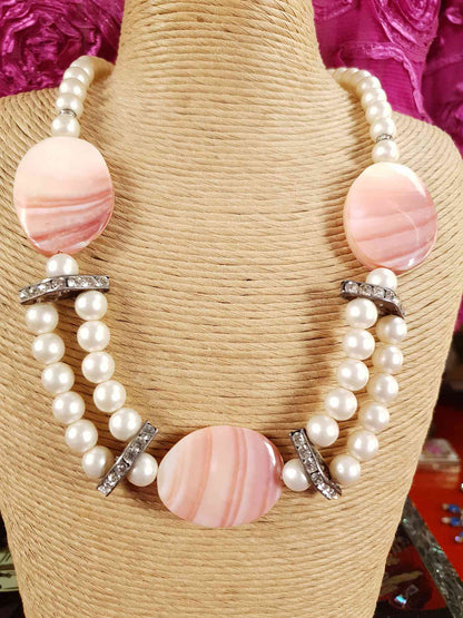 Vintage 1950s Pink Agate Glass Pearl Necklace Choker Mid-Century