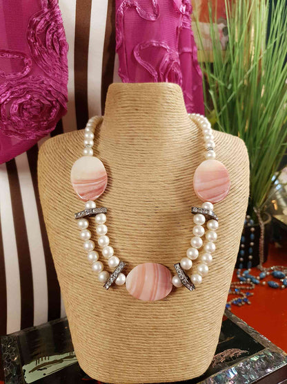 Vintage 1950s Pink Agate Glass Pearl Necklace Choker Mid-Century