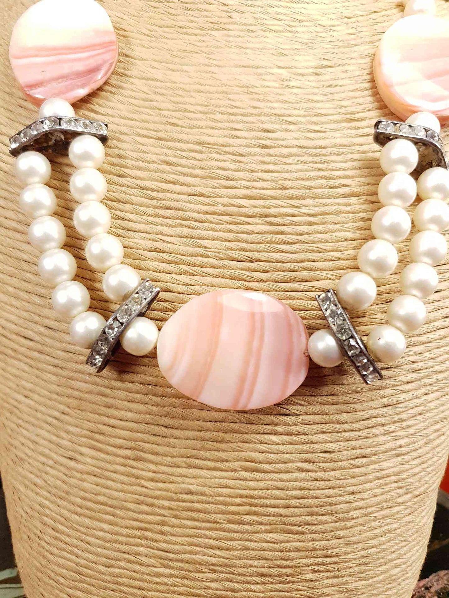 Vintage 1950s Pink Agate Glass Pearl Necklace Choker Mid-Century