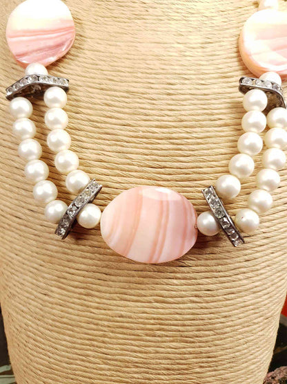 Vintage 1950s Pink Agate Glass Pearl Necklace Choker Mid-Century