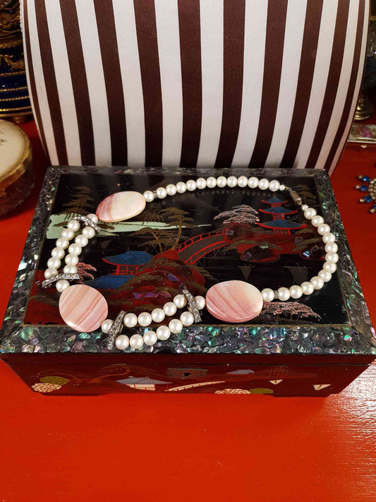 Vintage 1950s Pink Agate Glass Pearl Necklace Choker Mid-Century