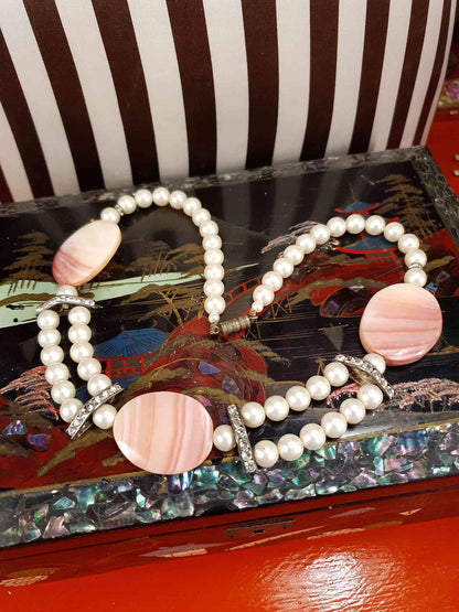 Vintage 1950s Pink Agate Glass Pearl Necklace Choker Mid-Century
