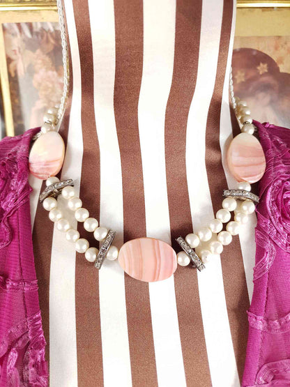 Vintage 1950s Pink Agate Glass Pearl Necklace Choker Mid-Century