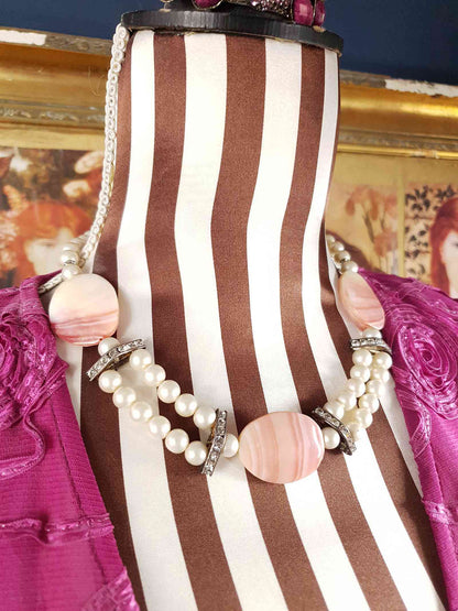 Vintage 1950s Pink Agate Glass Pearl Necklace Choker Mid-Century