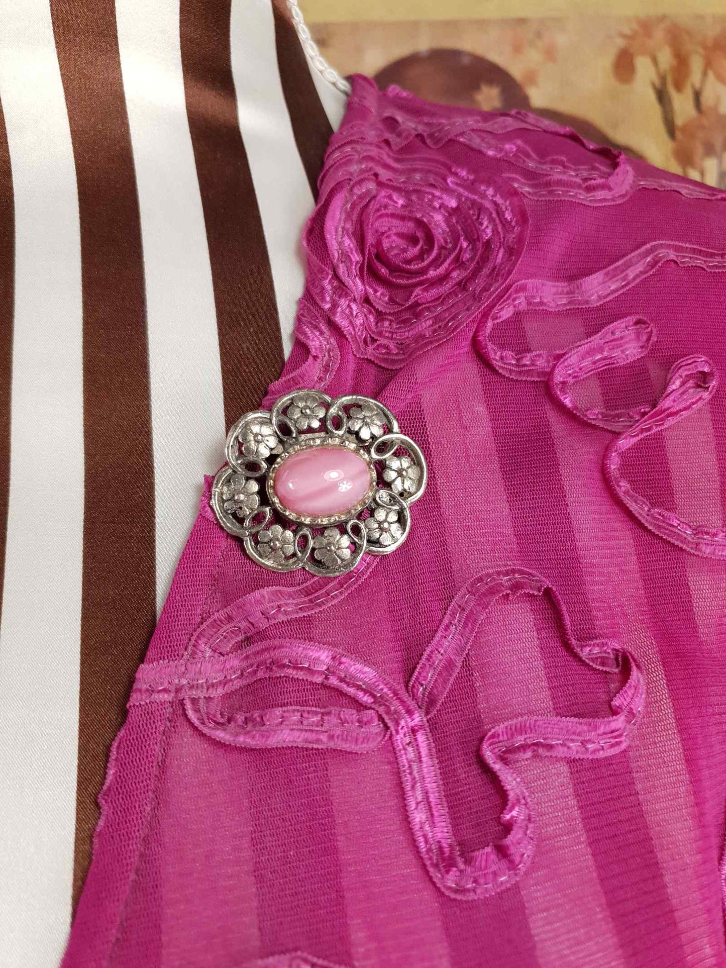Vintage 1950s Pink Glass Floral Brooch Silver Tone Retro
