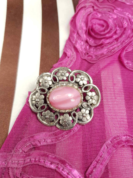Vintage 1950s Pink Glass Floral Brooch Silver Tone Retro