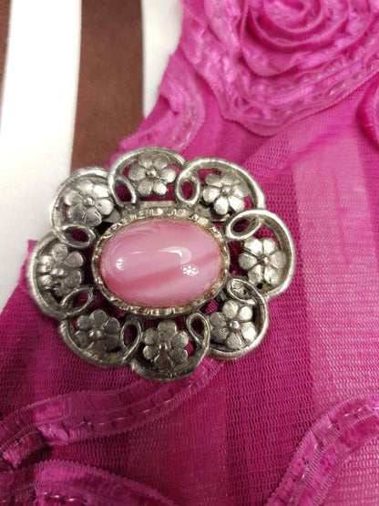 Vintage 1950s Pink Glass Floral Brooch Silver Tone Retro