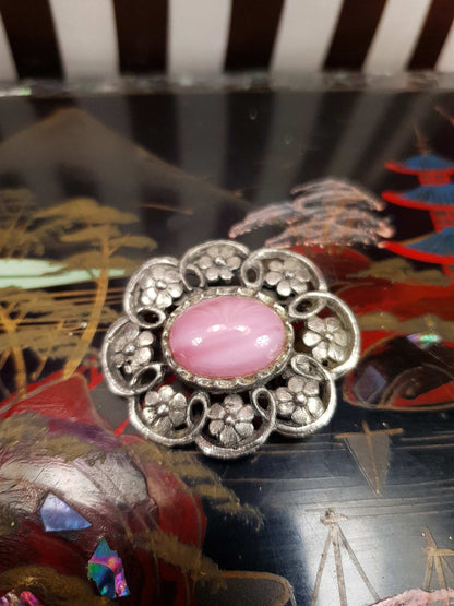 Vintage 1950s Pink Glass Floral Brooch Silver Tone Retro