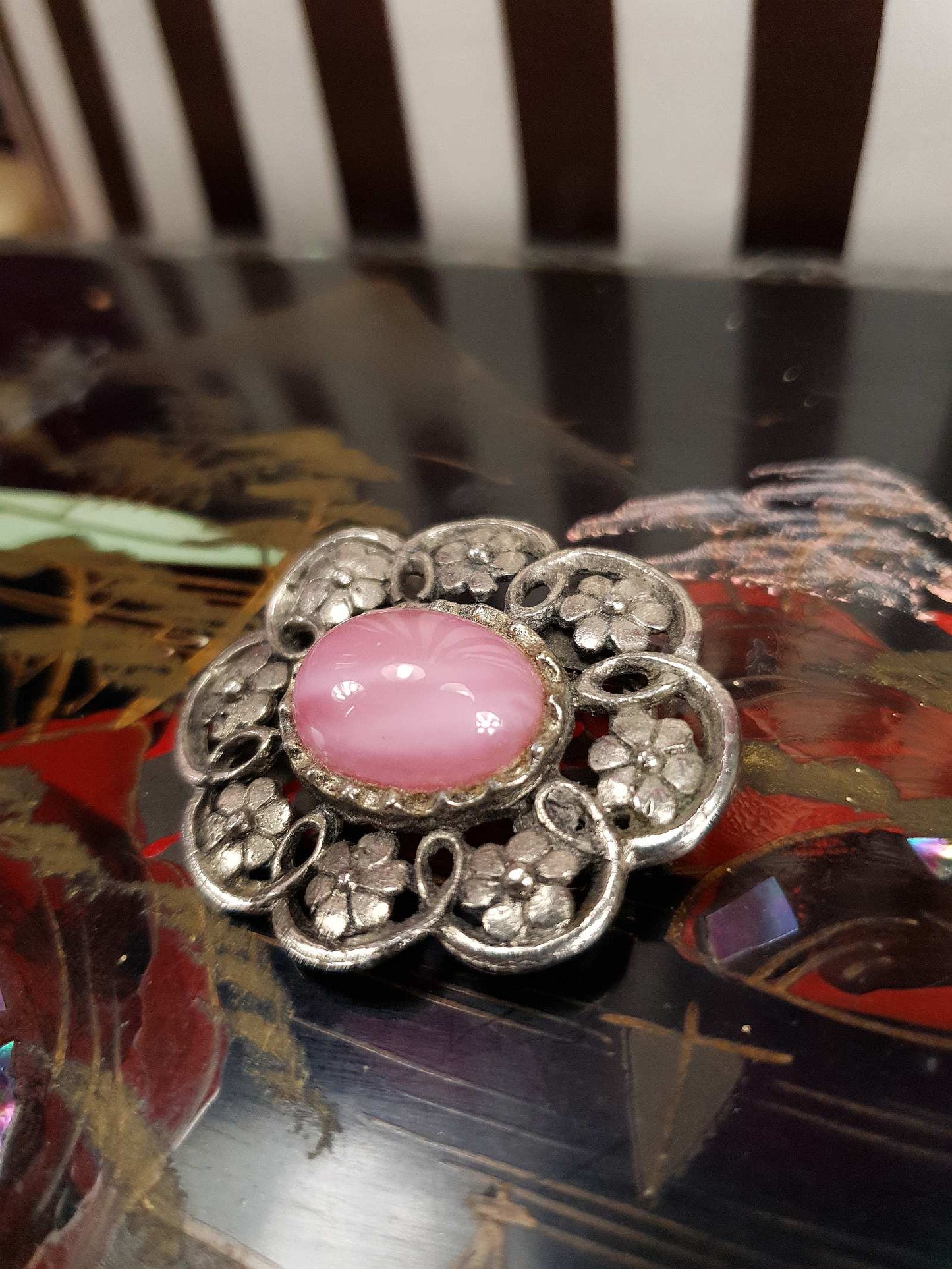 Vintage 1950s Pink Glass Floral Brooch Silver Tone Retro