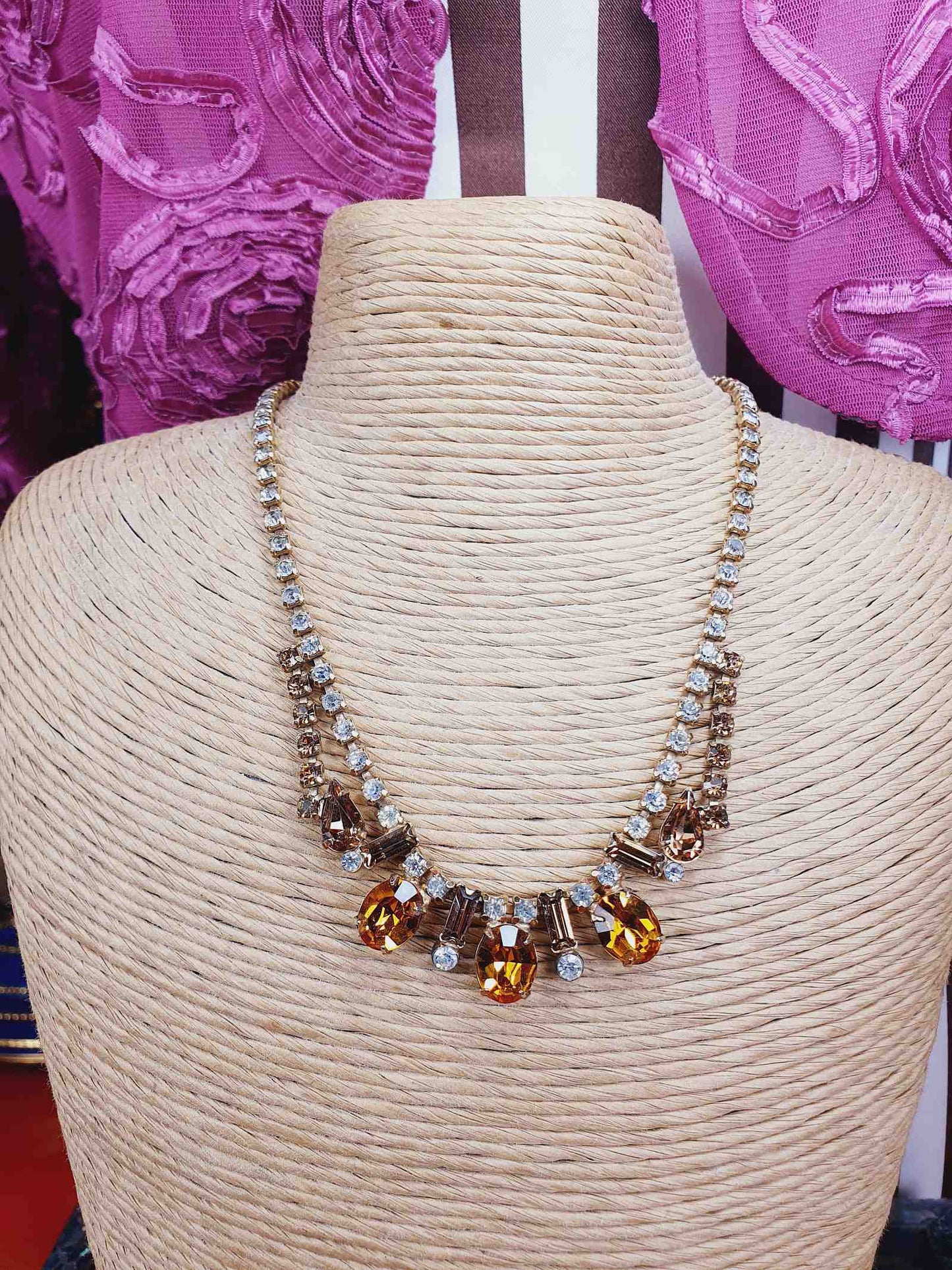 Vintage 1950s Amber Clear Glass Rhinestone Necklace Choker