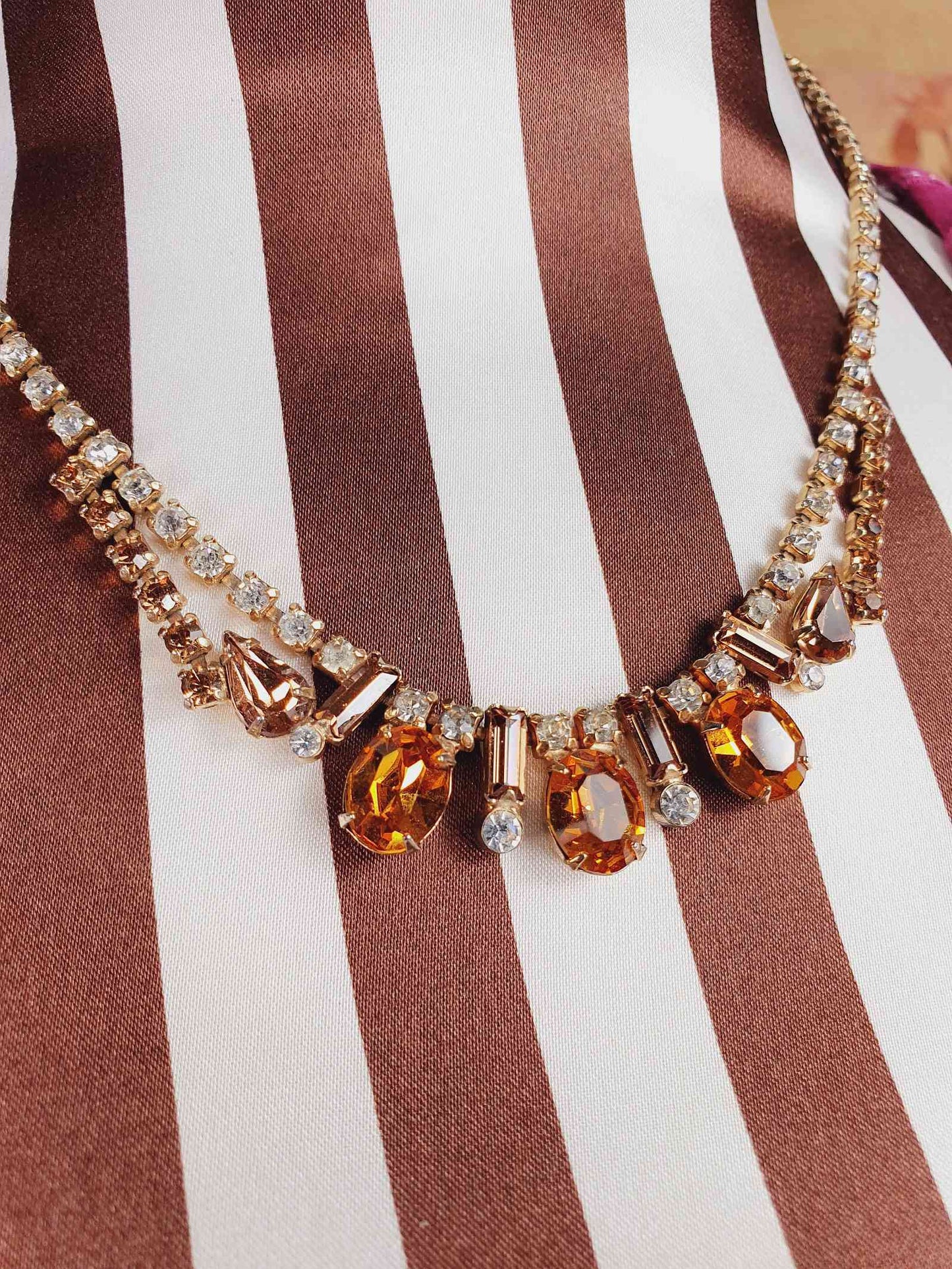 Vintage 1950s Amber Clear Glass Rhinestone Necklace Choker