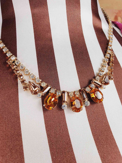 Vintage 1950s Amber Clear Glass Rhinestone Necklace Choker