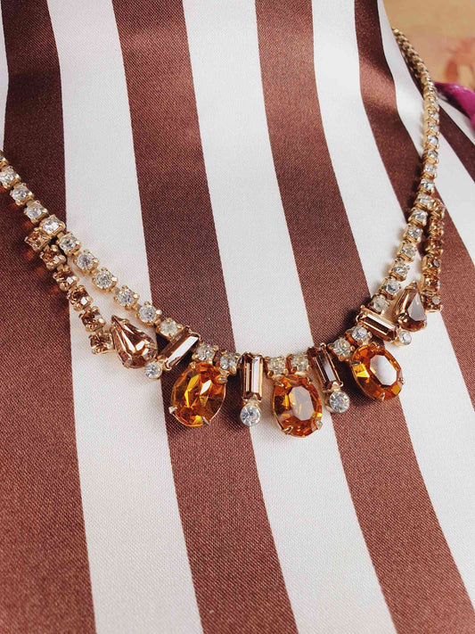 Vintage 1950s Amber Clear Glass Rhinestone Necklace Choker