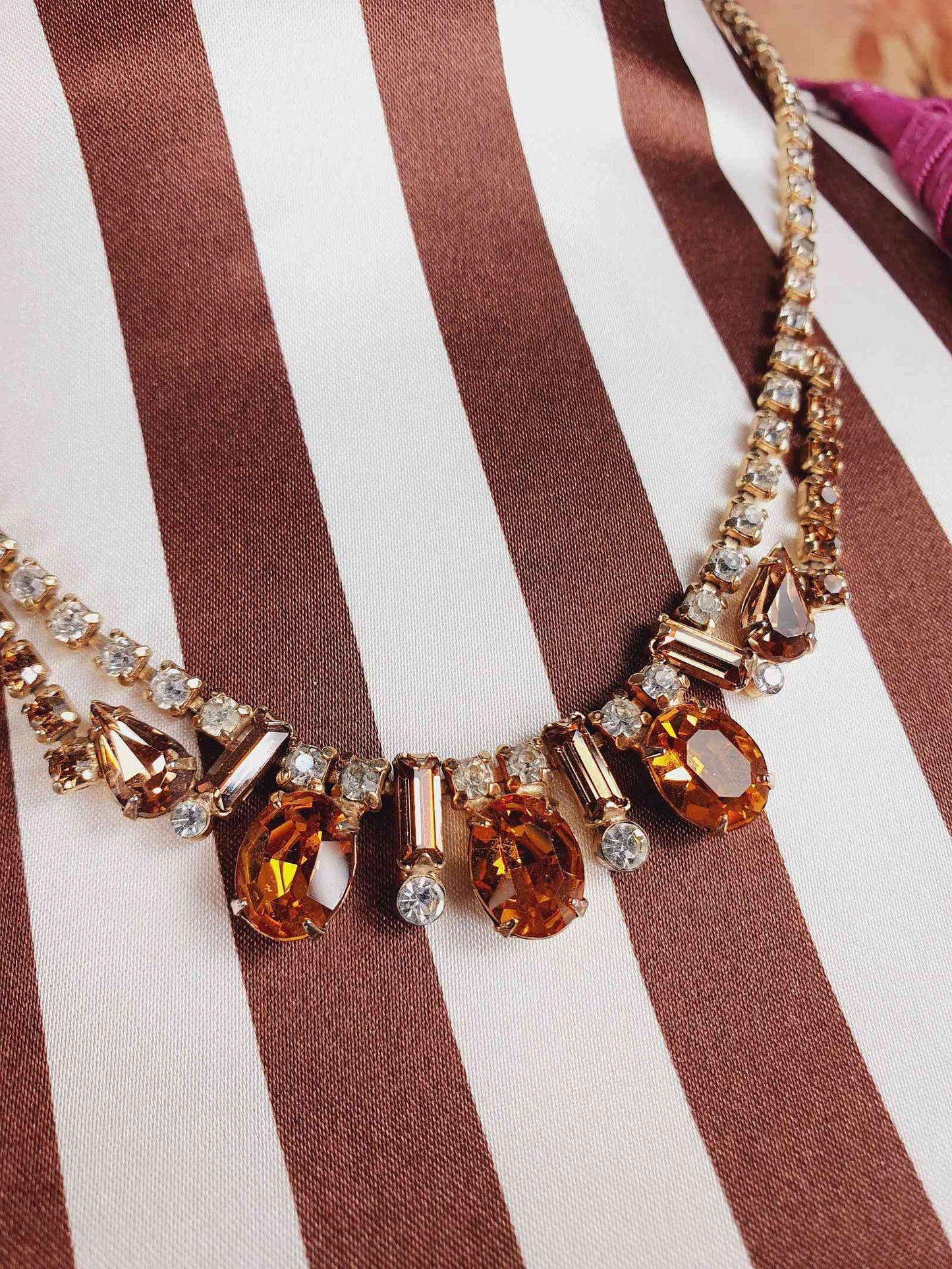 Vintage 1950s Amber Clear Glass Rhinestone Necklace Choker