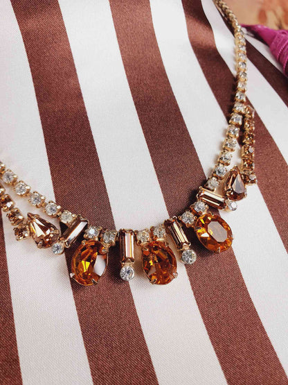 Vintage 1950s Amber Clear Glass Rhinestone Necklace Choker