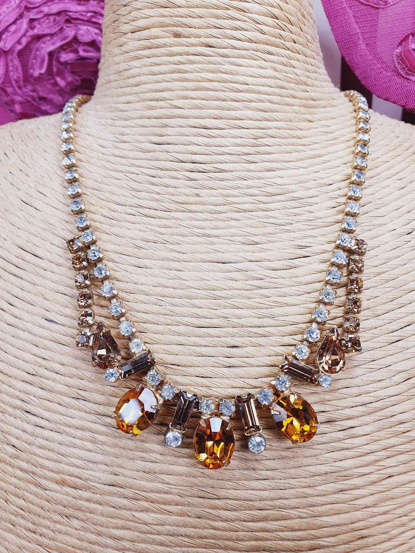 Vintage 1950s Amber Clear Glass Rhinestone Necklace Choker