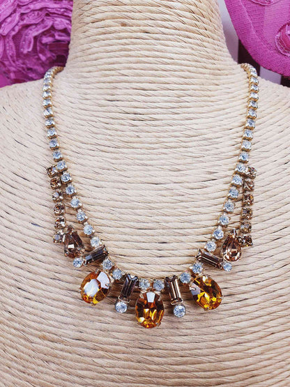 Vintage 1950s Amber Clear Glass Rhinestone Necklace Choker