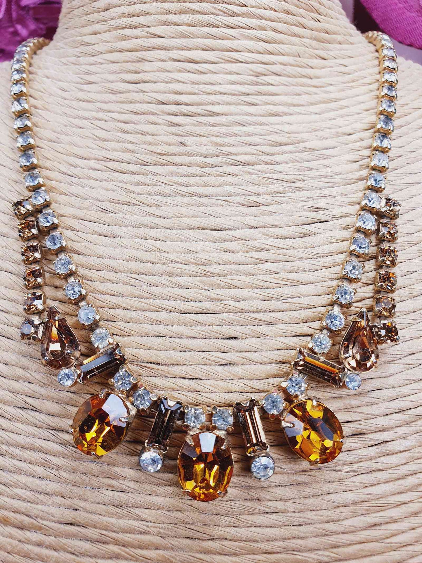 Vintage 1950s Amber Clear Glass Rhinestone Necklace Choker