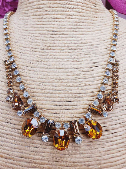 Vintage 1950s Amber Clear Glass Rhinestone Necklace Choker