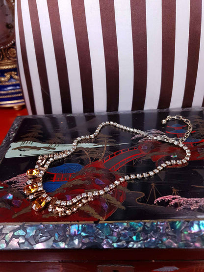 Vintage 1950s Amber Clear Glass Rhinestone Necklace Choker